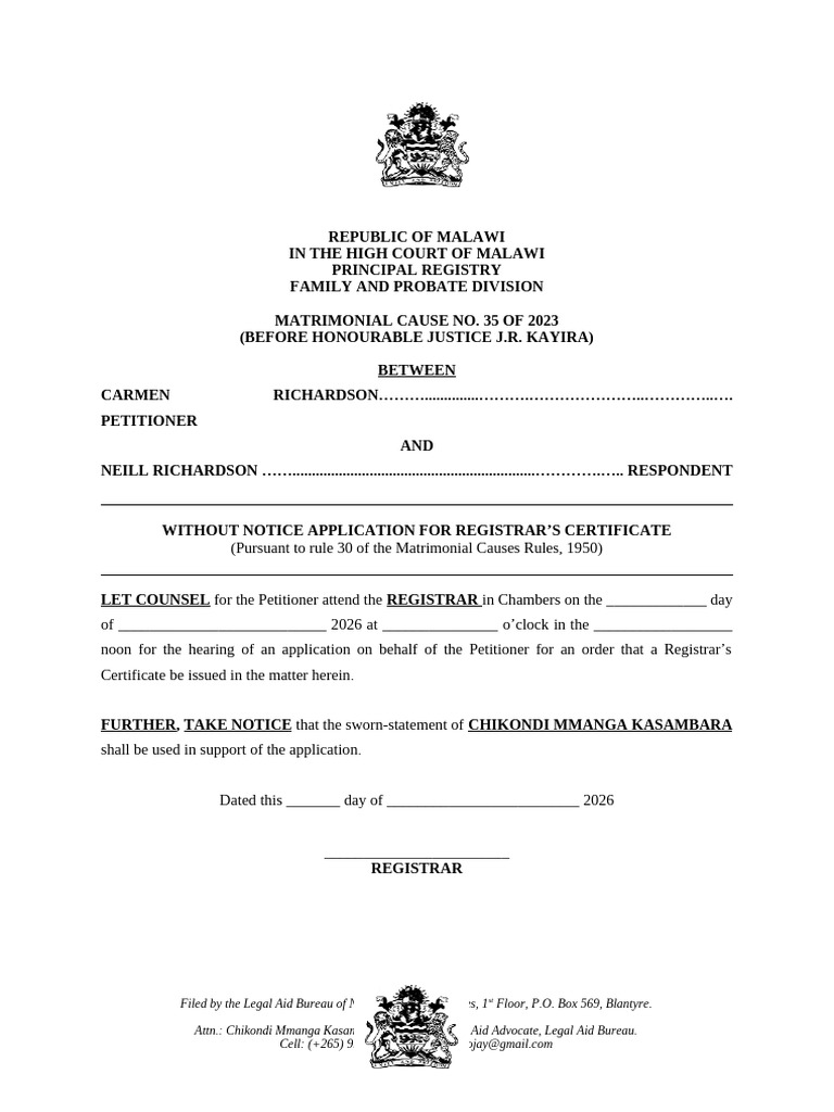 Without Notice Application For Registrar's Certificate (2) - 012116 | PDF