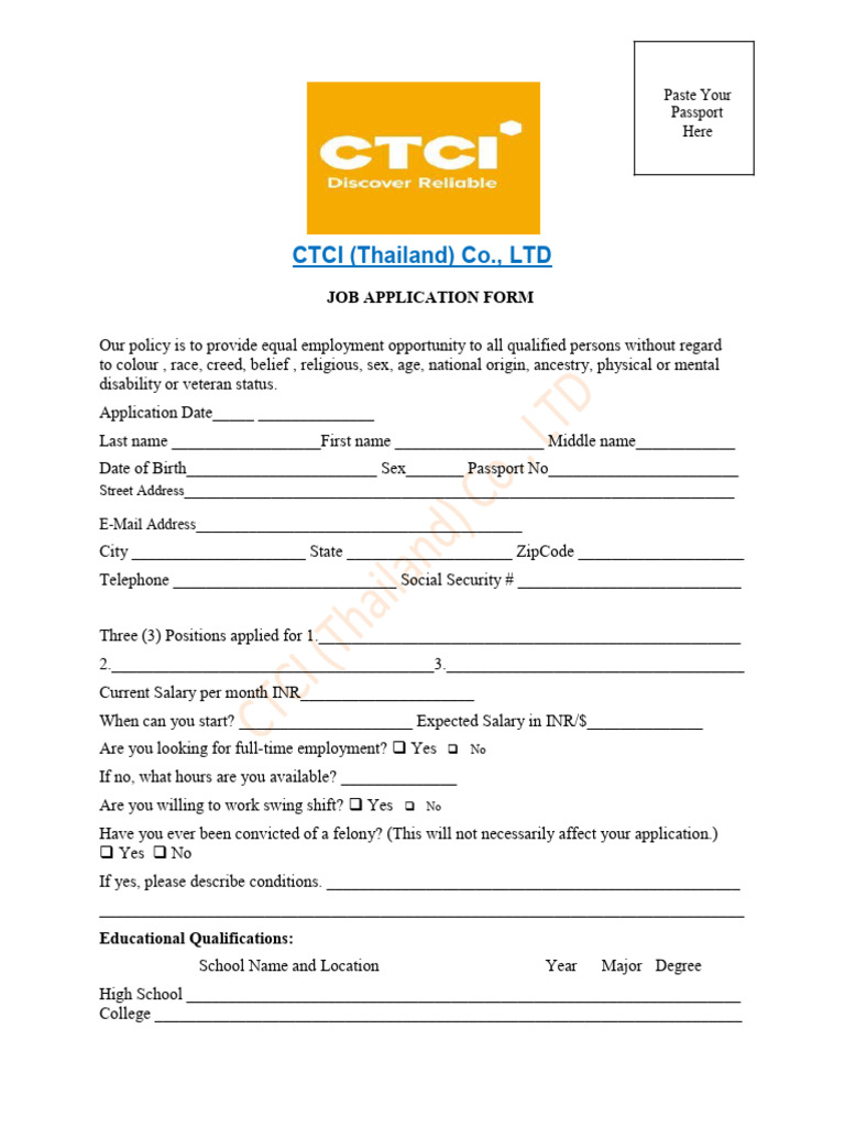 CTCI Job Appluication Form | PDF