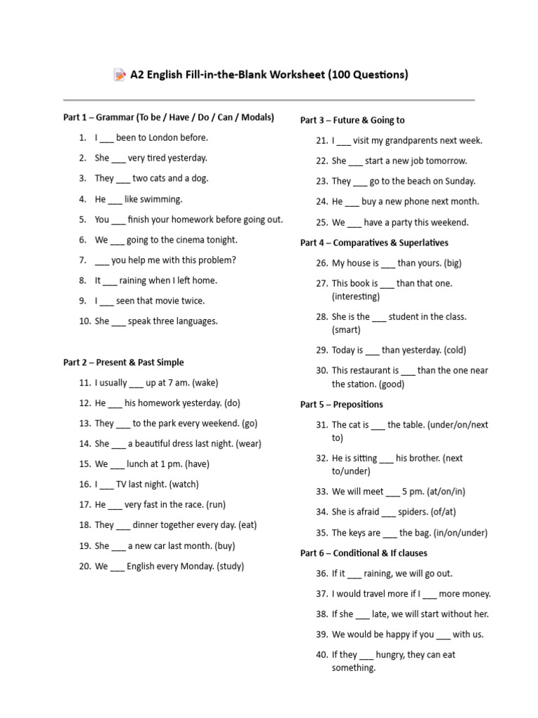 A2 English Fill in The Blank | PDF