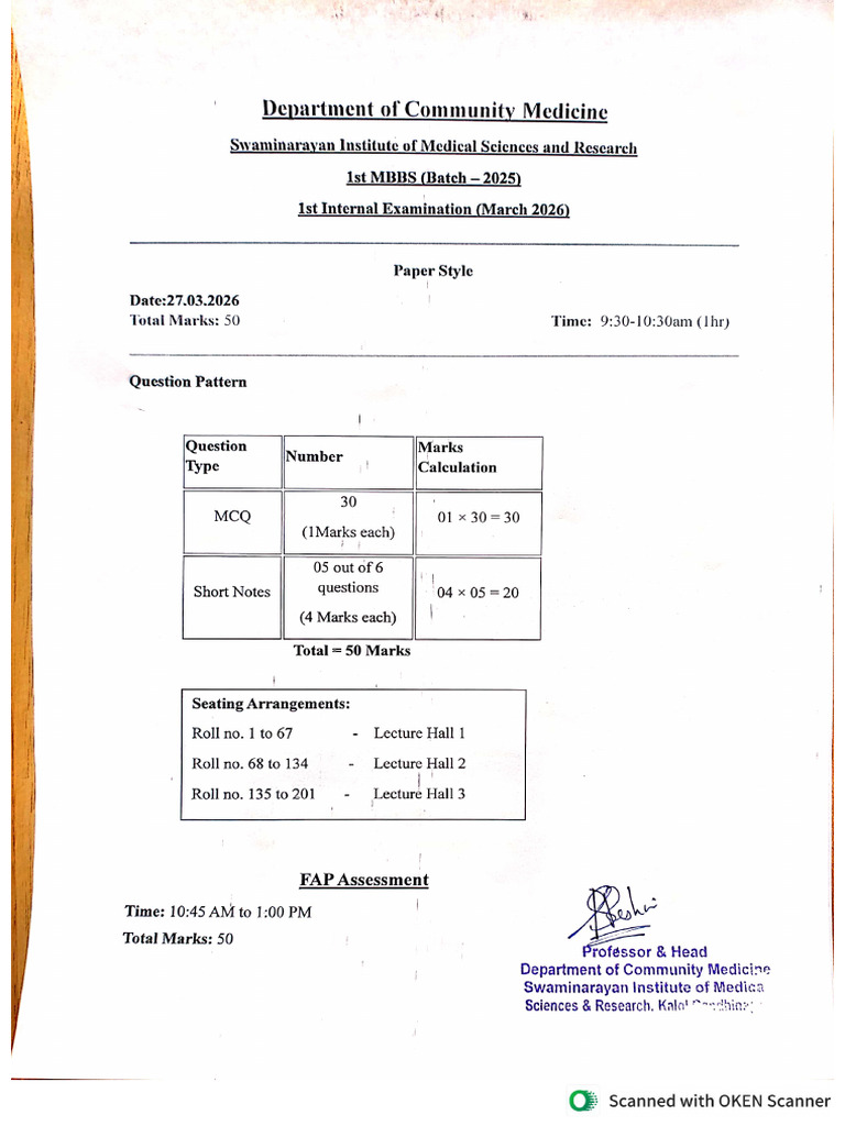 1st MBBS Internal Examination (Batch 2025) | PDF