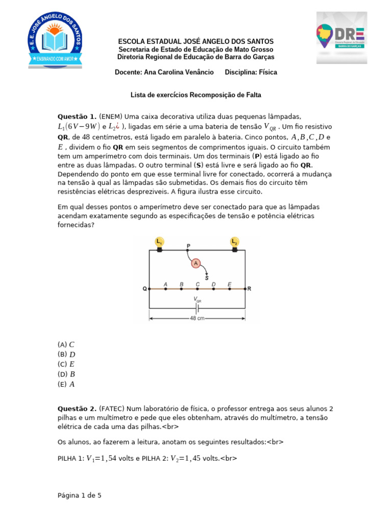 Lista de Exercicios Recomp. 3 Ano A Matutino Fisica | PDF | Circuitos ...