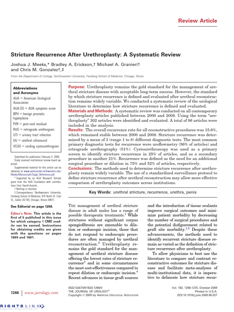 Meeks Et Al 2009 Stricture Recurrence After Urethroplasty A Systematic ...