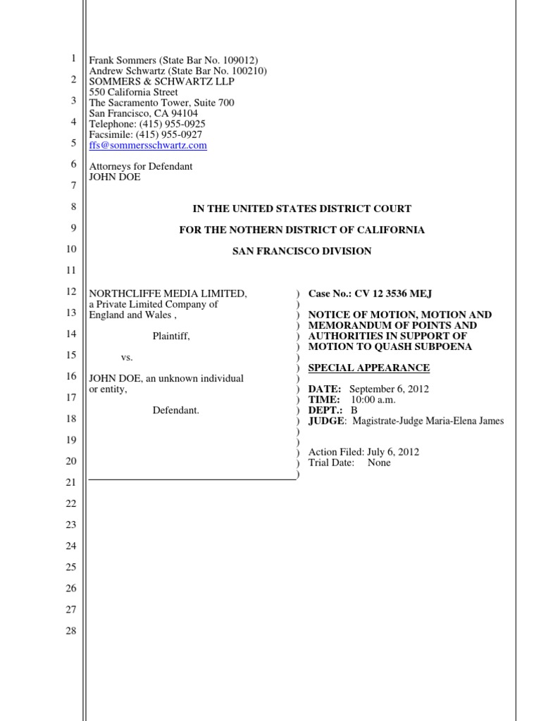 "Steve Dorkland" motion to quash subpoena Defamation First