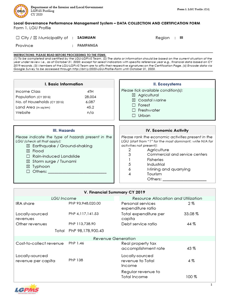 Sasmuan LGU Profile 2020 | PDF | Natural Disasters