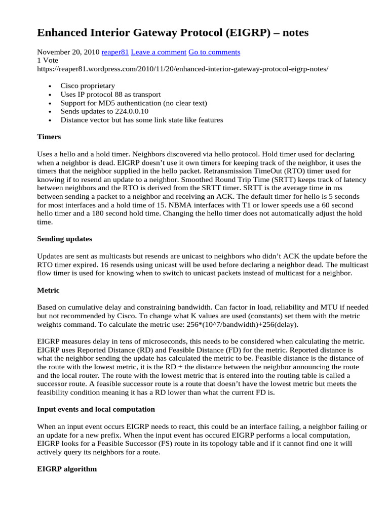 Enhanced Interior Gateway Protocol (EIGRP) - Notes | PDF ...