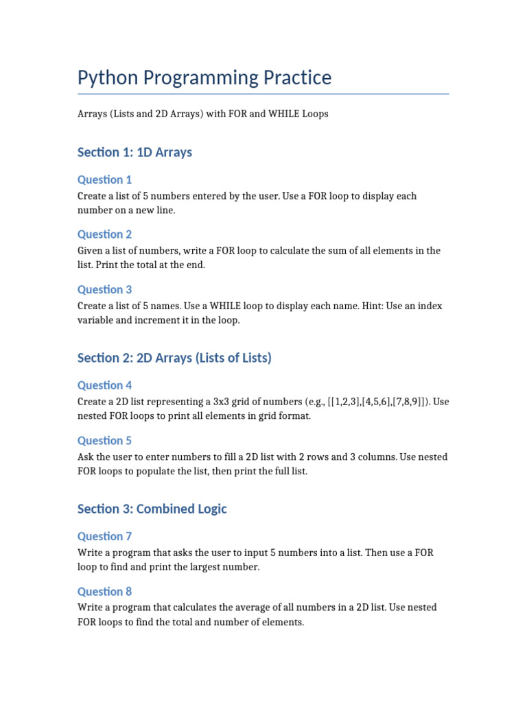 Python Arrays and Loops Worksheet | PDF