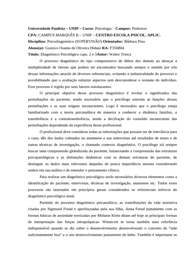 Resenha Diagnóstico Psicológico Cap. 2 e 3 Walter Trinca | PDF