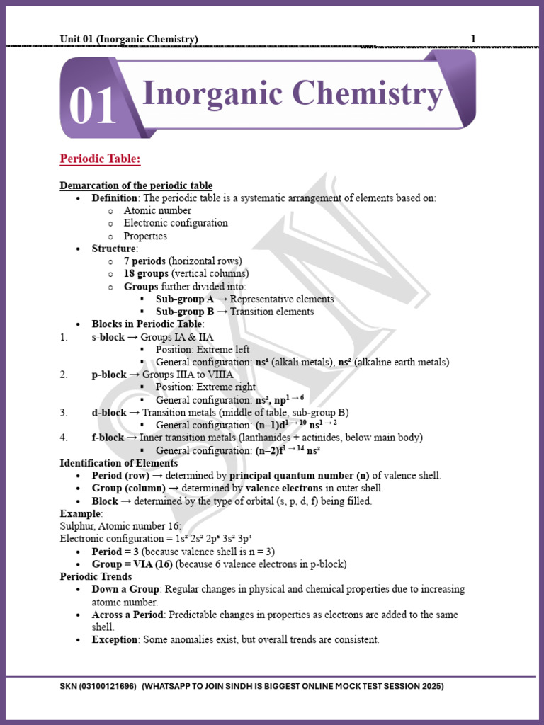 Inorganic Chemistry Notes by SKN | PDF | Periodic Table | Chemical Bond