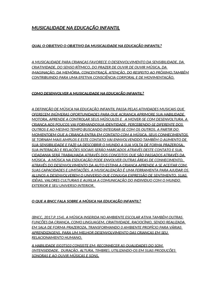 Musicalidade Na Educação Infantil | PDF