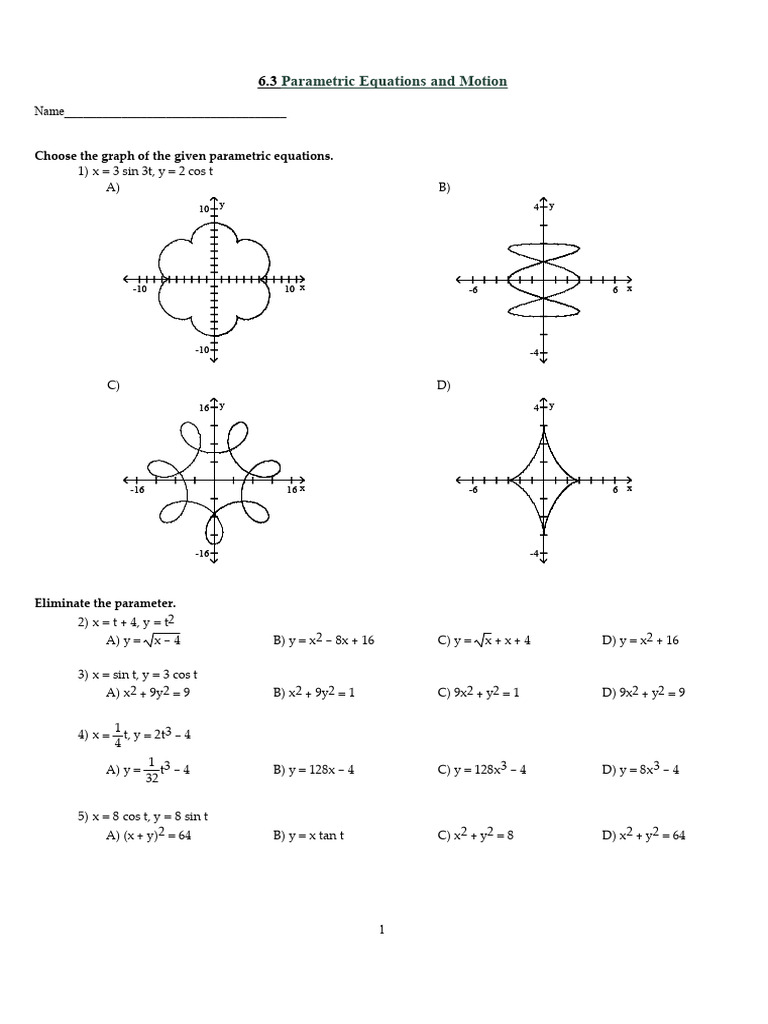 6.3 Parametric Equations and Motion AK | PDF