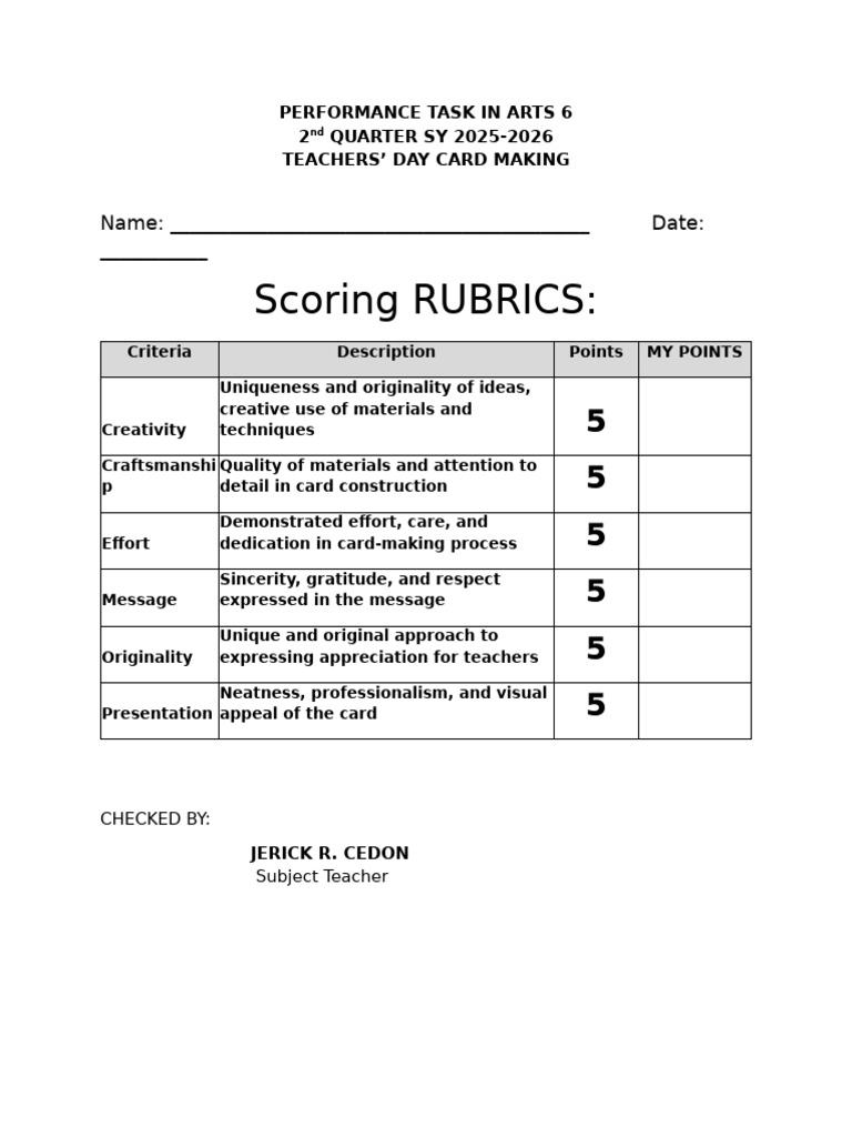 Analytical Rubrics Performance Task in Arts 6 q2 | PDF