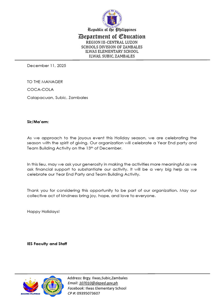 Solicitation Letter Ilwas Elementary School | PDF