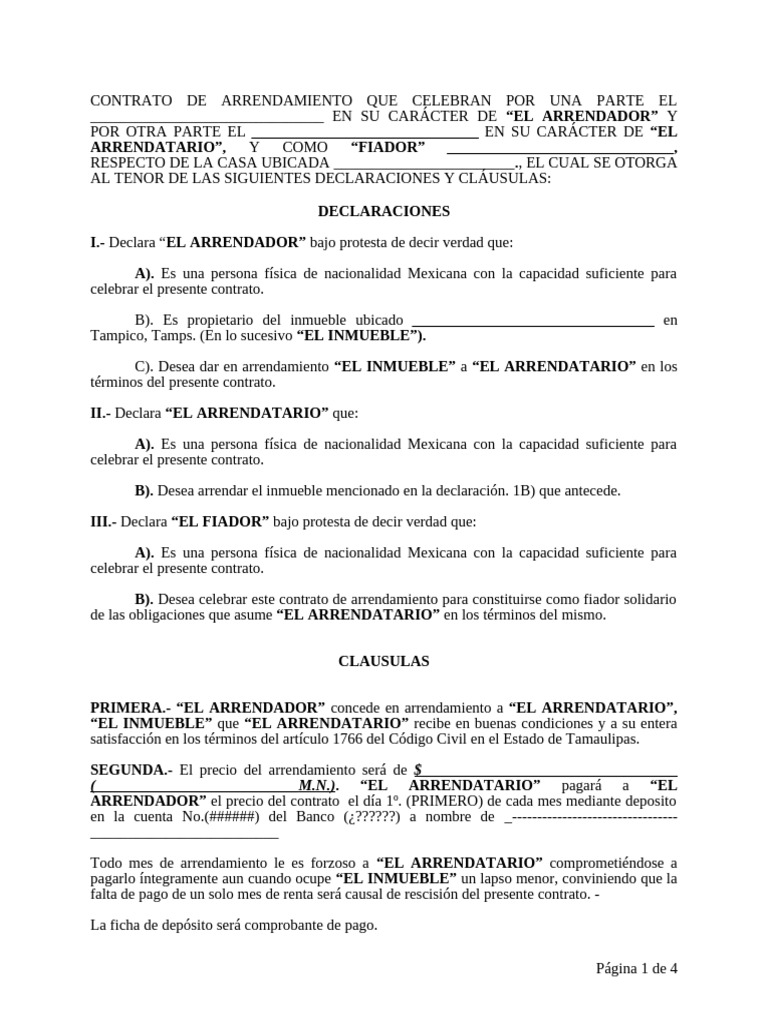 Formato de Contrato Arrendamiento Rellenable | PDF