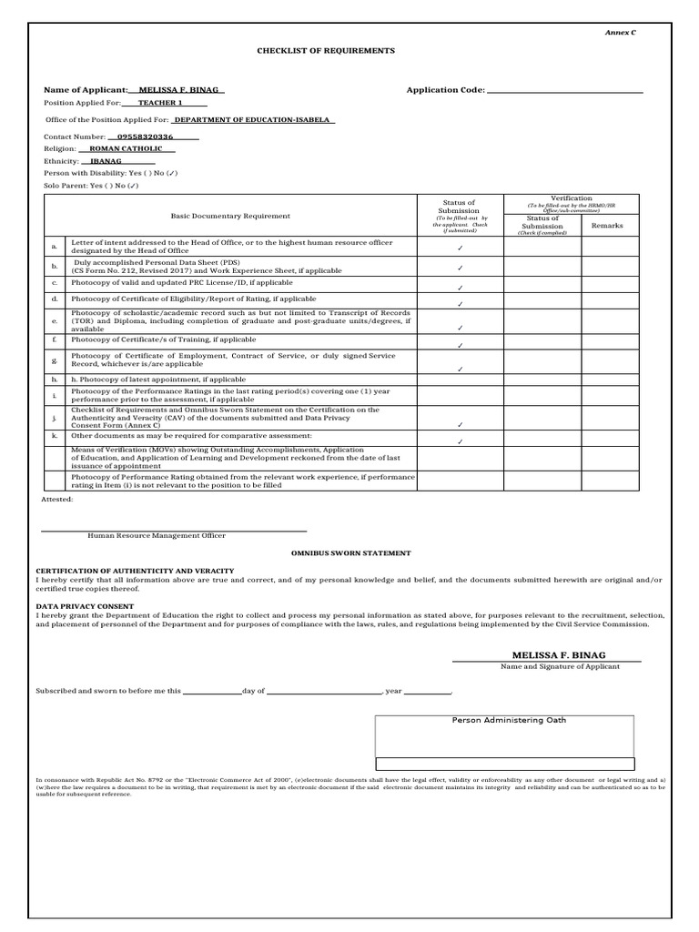 ANNEX C Checklist of Requirements and Omnibus Sworn Statement | PDF