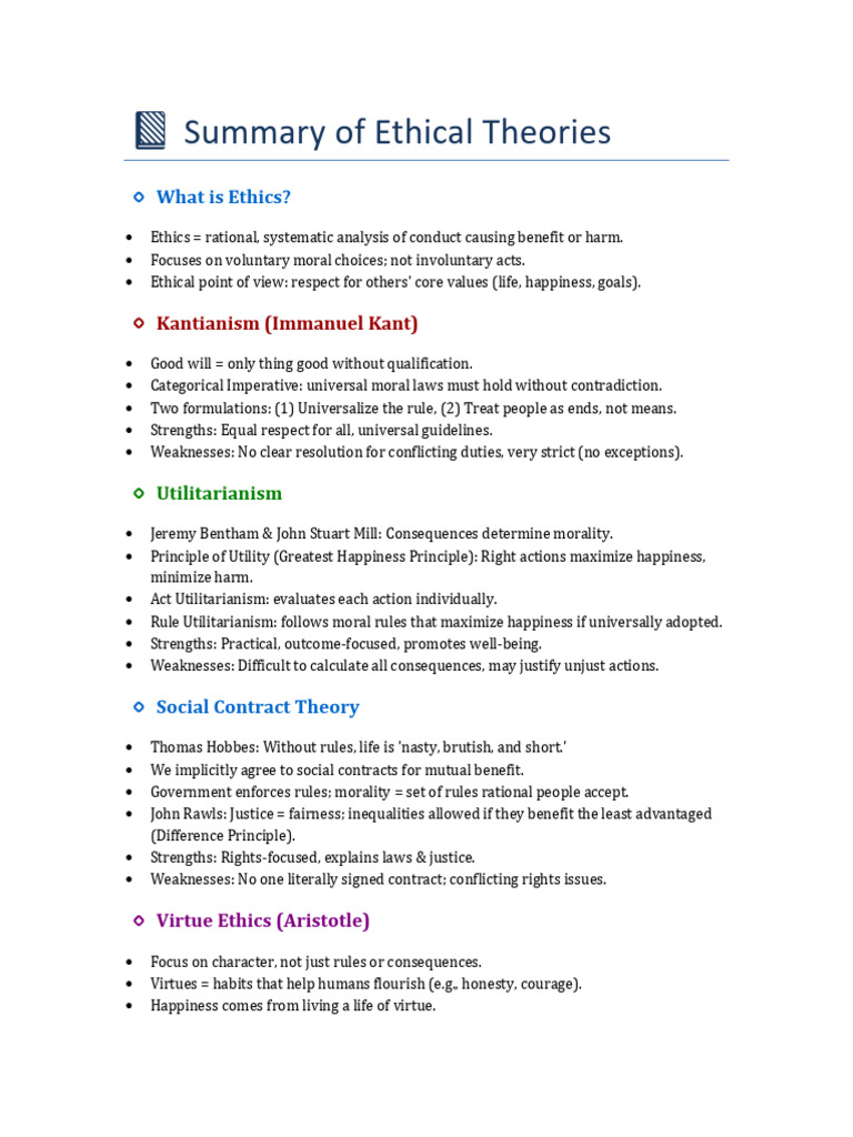 Summary of Ethical Theories | PDF