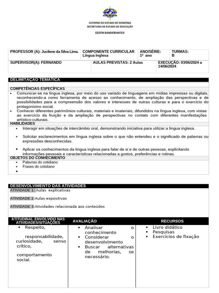 Plano de Aula Inglês 1º Ano B 1 | PDF | Conhecimento | Estado