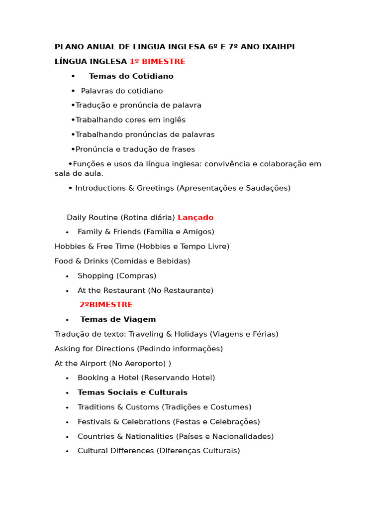 Plano Anual de Lingua Inglesa 6º e 7º Ano Ixaihpi | PDF