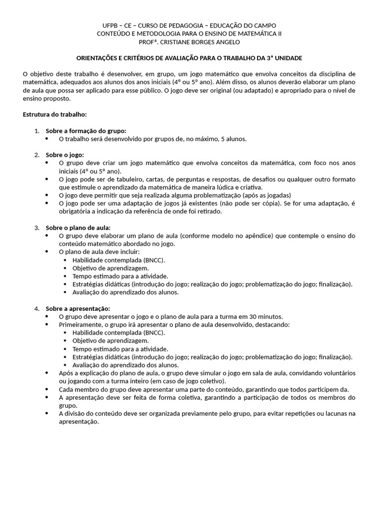 Orientaes para o Trabalho 3 Unidade | PDF | Lição | Aprendizado