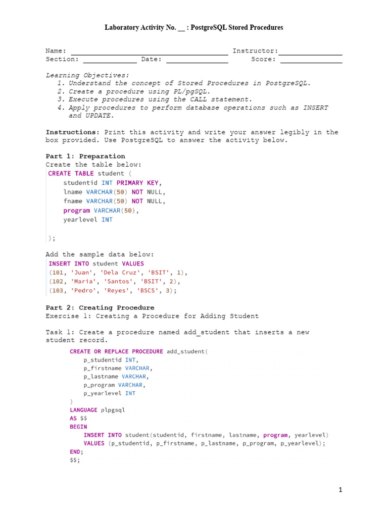 L6 PostgreSQL Stored Procedures | PDF