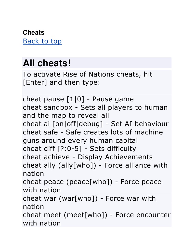 Rise of Nations Cheats & Cheat Codes - Cheat Code Central