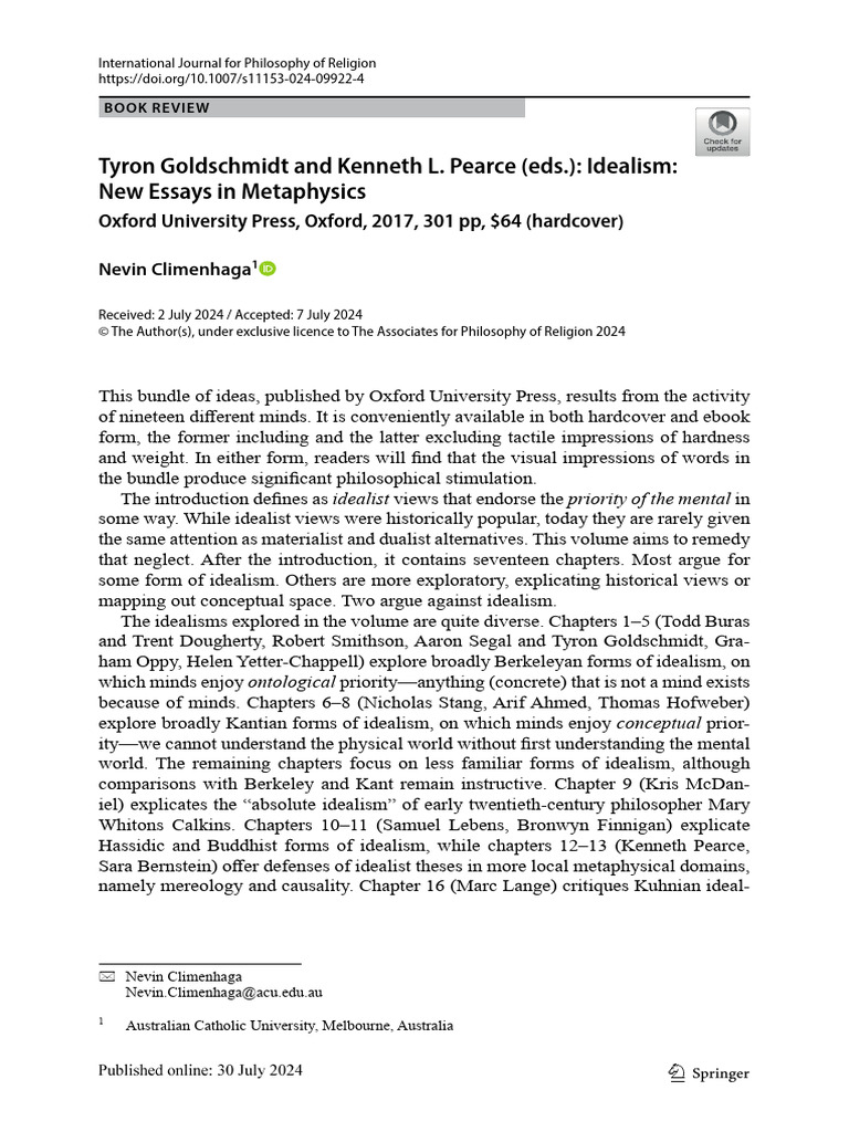 Tyron Goldschmidt and Kenneth L. Pearce (Eds.) : Idealism: New Essays ...