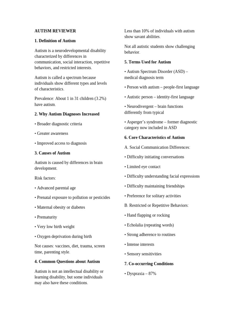 Autism Reviewer Two Column | PDF | Autism | Mental Health
