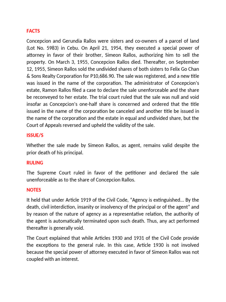 Rallos Vs Felix Go Chan Realty DIGEST | PDF