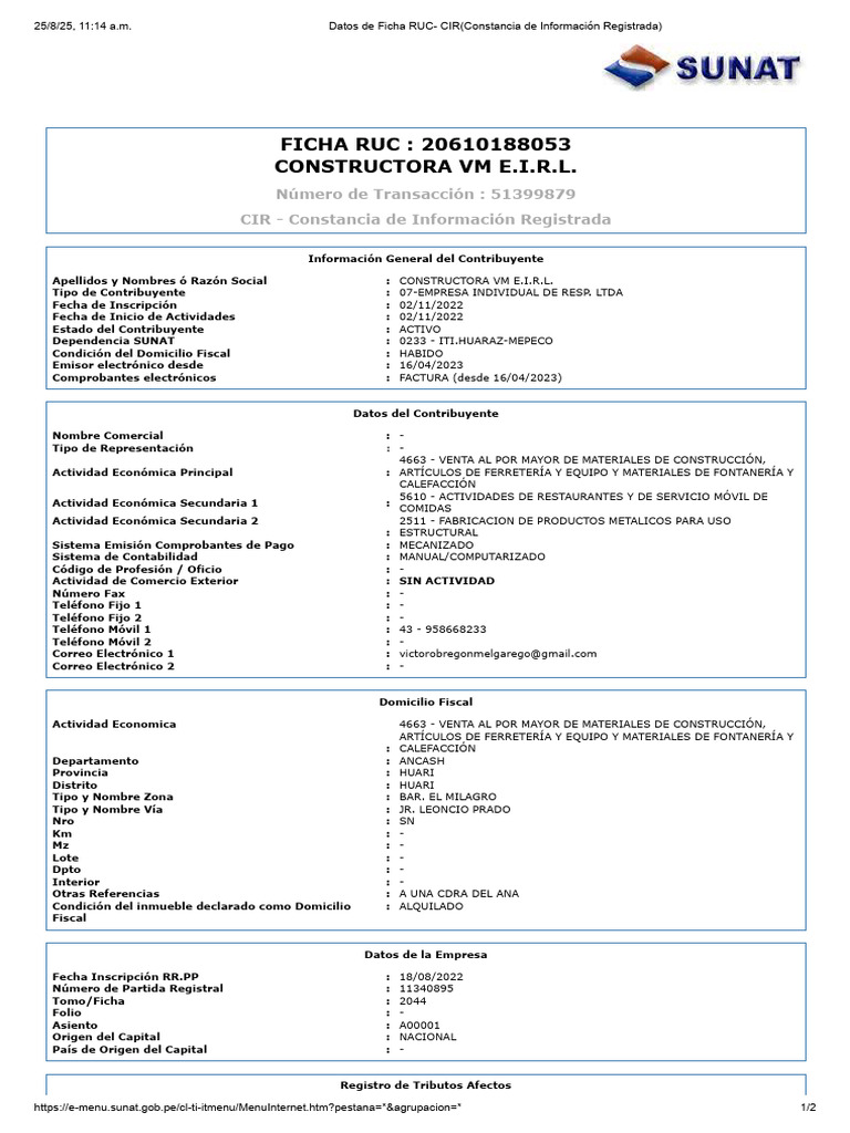 Ficha Ruc Constructora VM Eirl | PDF