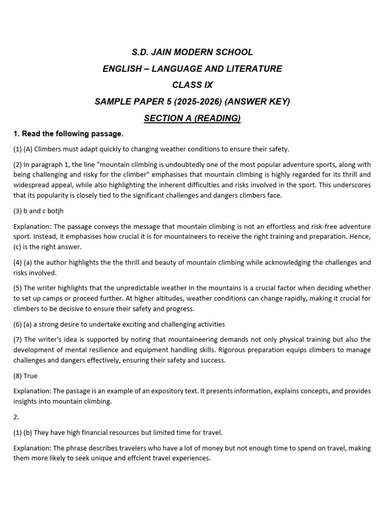 9 Eng Sample Paper 5 Answerkey 2025 26 | PDF
