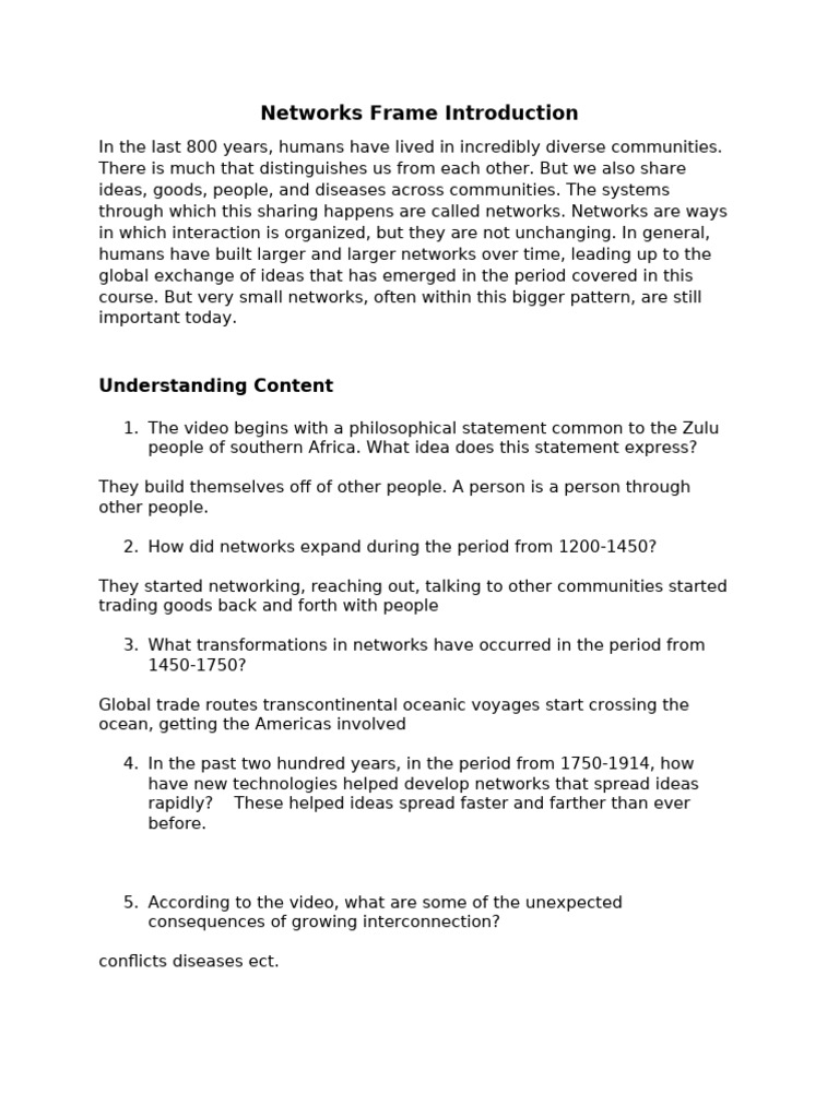 Networks Frame Introduction Video Worksheet | PDF
