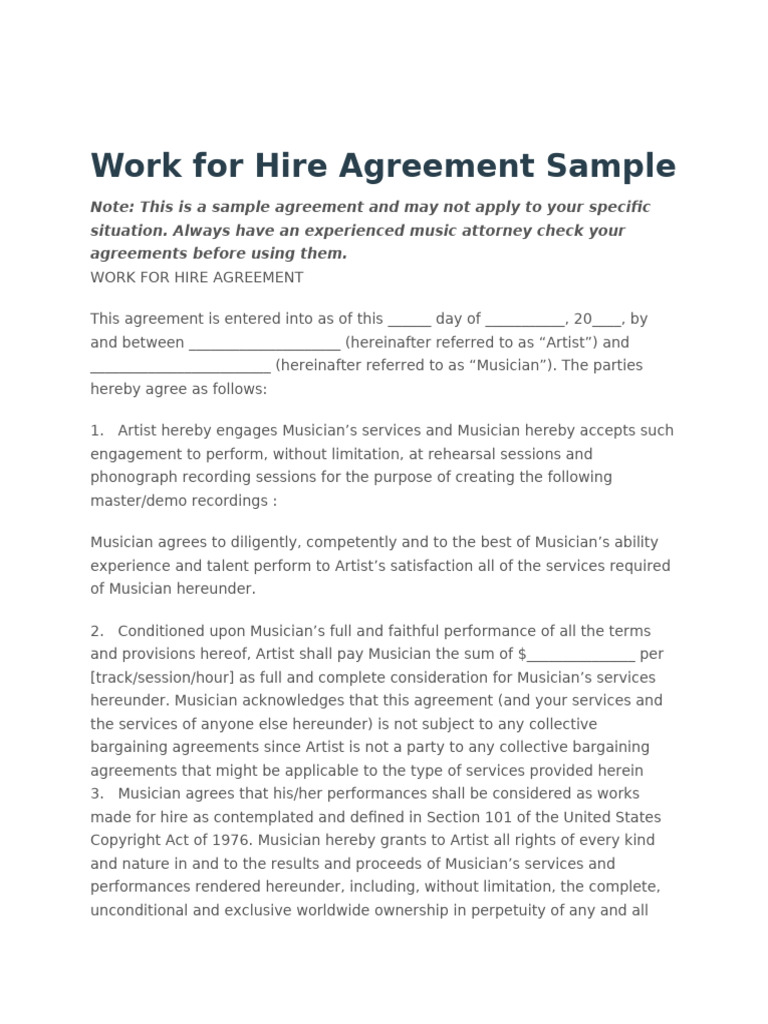 Work For Hire Agreement Sample | PDF | Breach Of Contract | Copyright