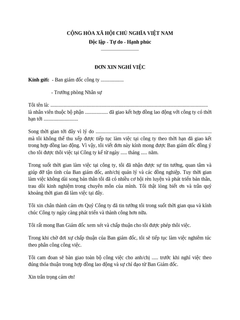 Mau Don Xin Nghi Viec So 1 | PDF