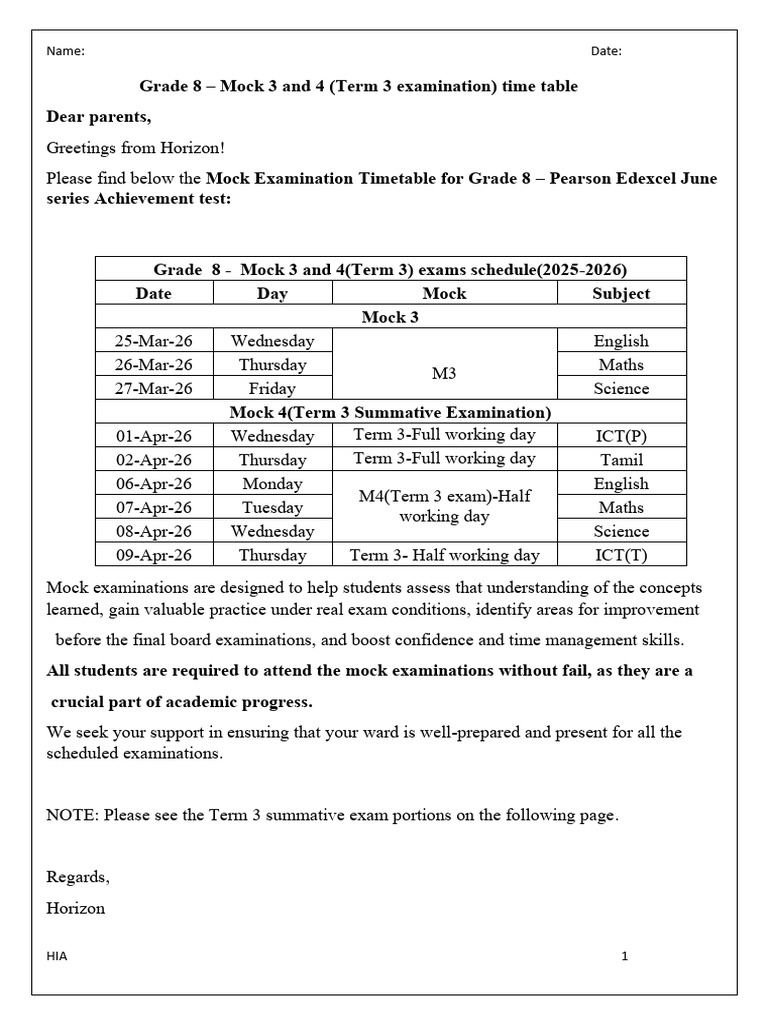 Grade 8 - Mock 3 and 4 (Term 3) Examination Time Table | PDF