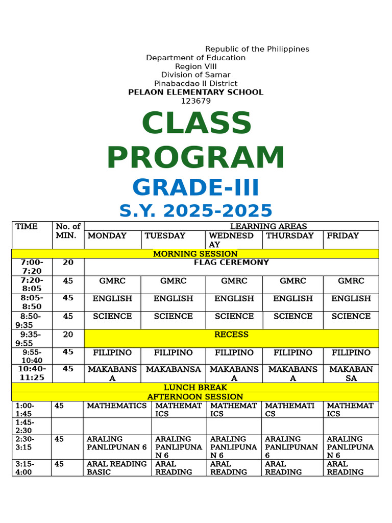 Class Program Grade 3 | PDF