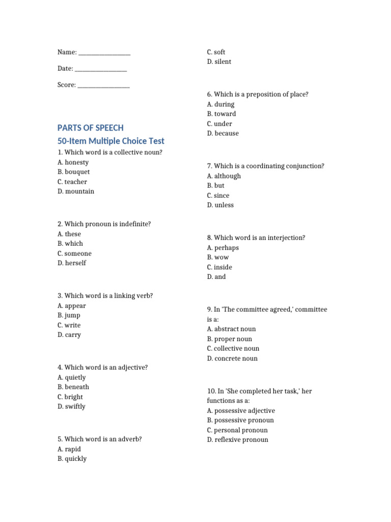 Parts of Speech 50 Item Test Questionnaire | PDF | Adverb | Verb
