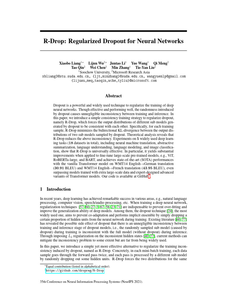 1 R-Drop Regularized Dropout For Neural Networks | PDF