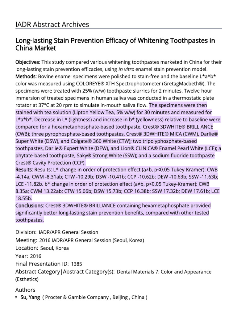 Long-Lasting Stain Prevention Efficacy of Whitening Toothpastes Crest ...