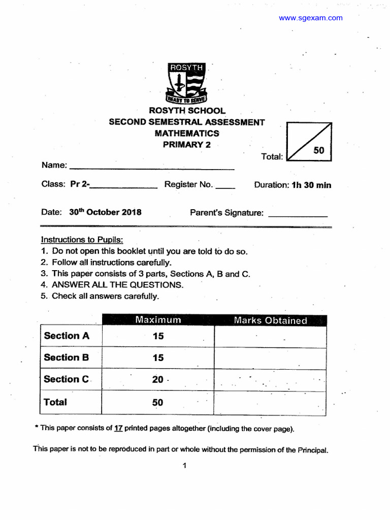 2018 P2 Maths SA2 Rosyth | PDF