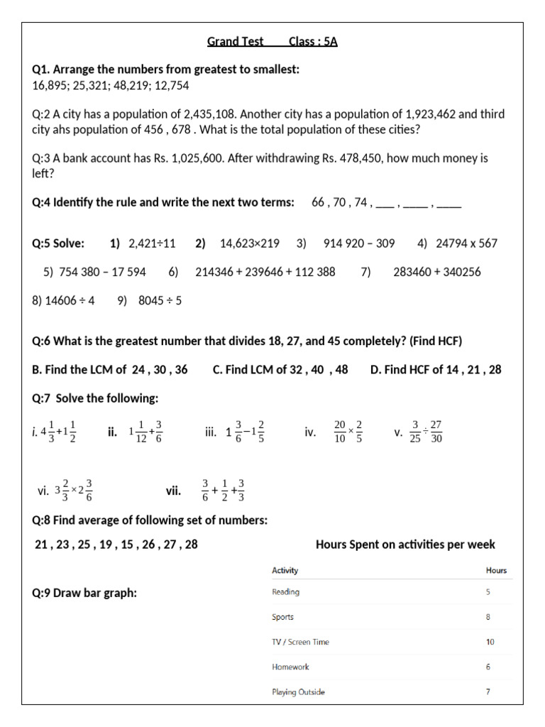 Class 5 Worksheets | PDF