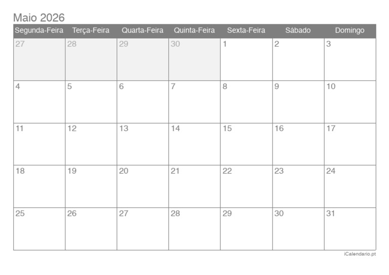 Calendario Maio 2026 6038 | PDF