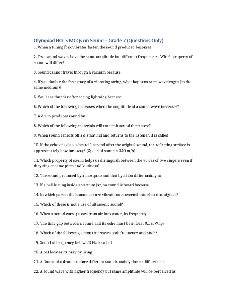 Olympiad HOTS Sound Grade7 Questions | PDF
