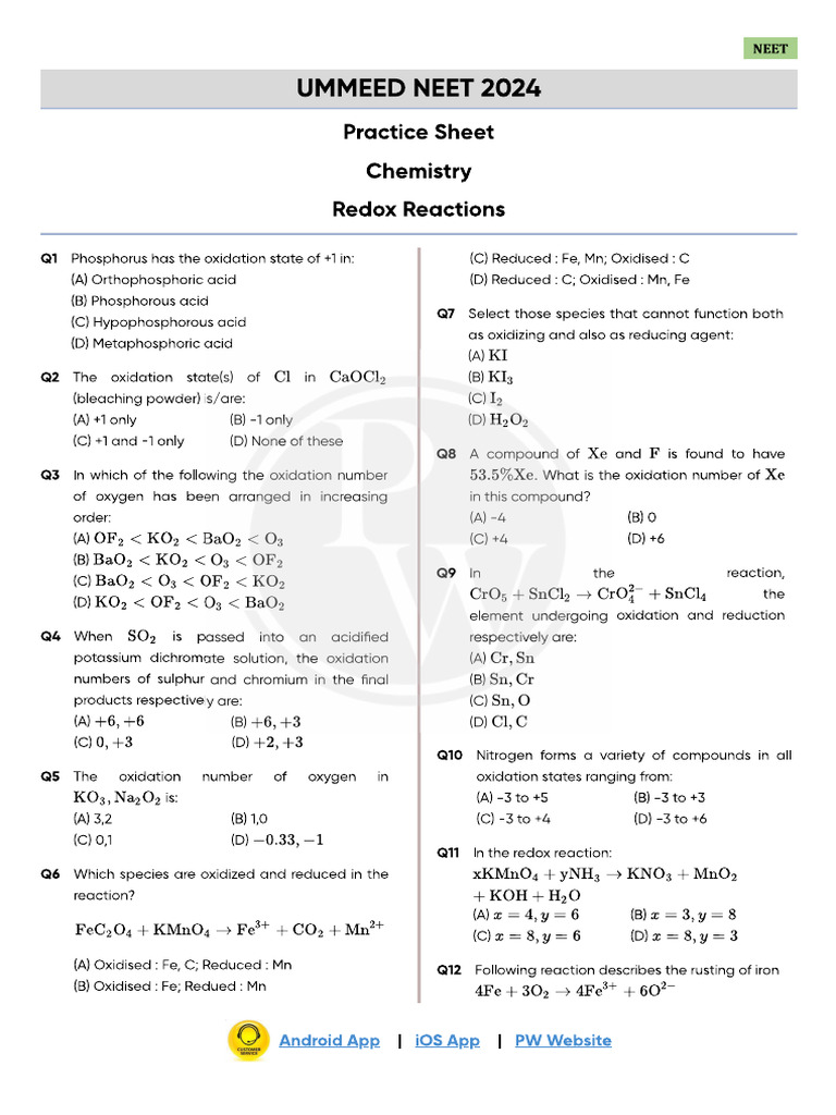 Redox Reactions Practice Sheet | PDF