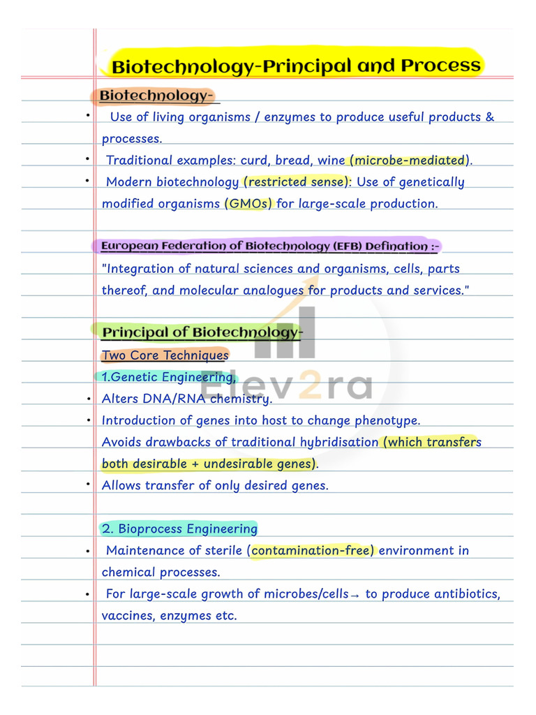 Biotechnology Principal & Process Handwritten Notes @elev2ra | PDF