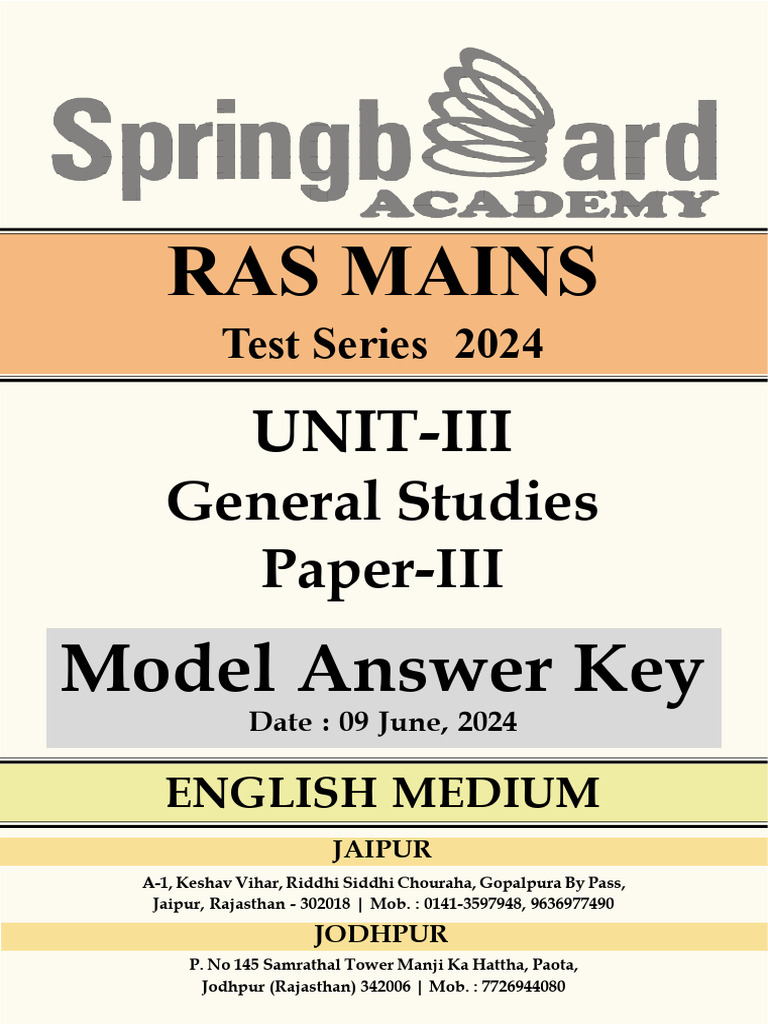 RAS MAINS TEST SERIES - 2024 - General Studies Paper-III - Answer Key ...