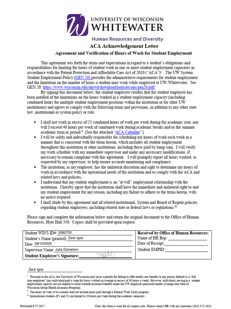 ACA Acknowledgment Letter (Fillable) | PDF | Employment | Business
