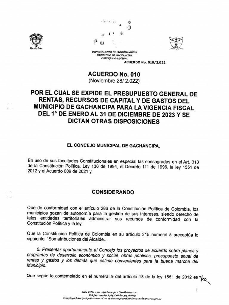Acuerdo No. 010 de 2022 | PDF | Presupuesto | Bancos