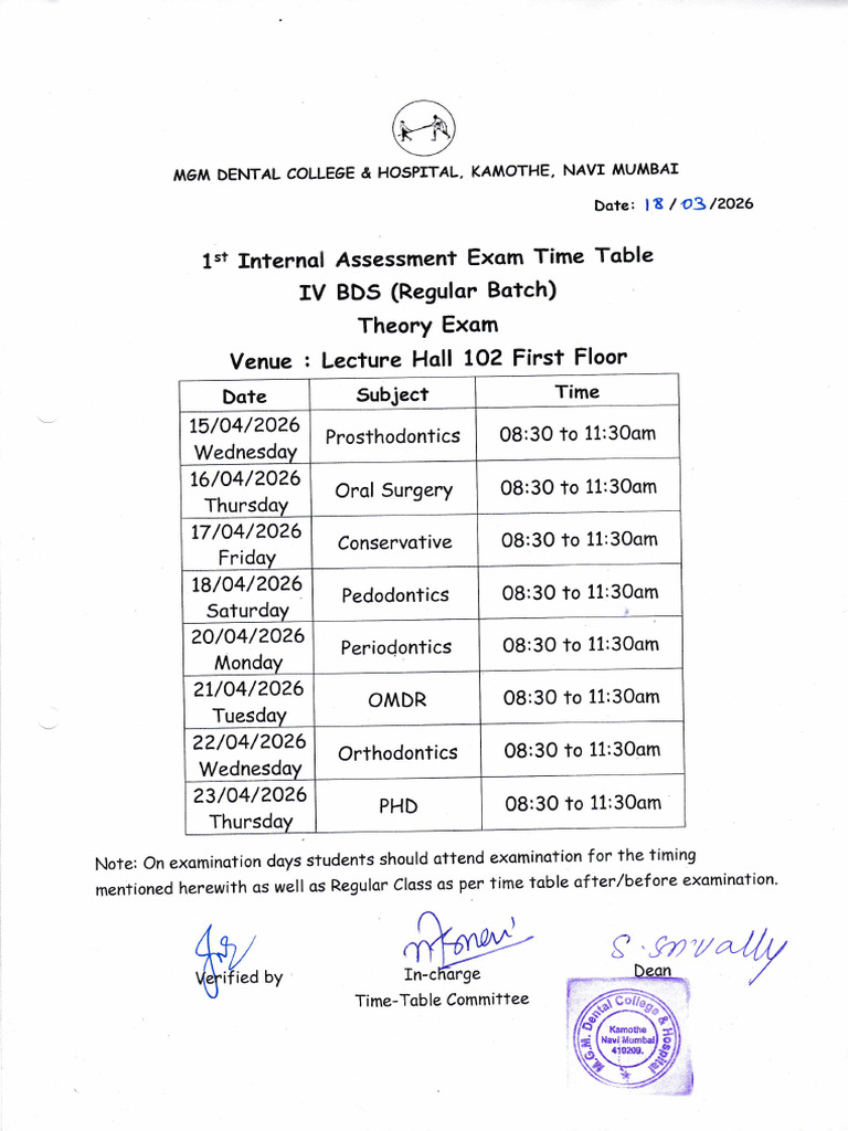 IV BDS Regular Batch 1st and 2nd Internal Assessment Exam T.T ...