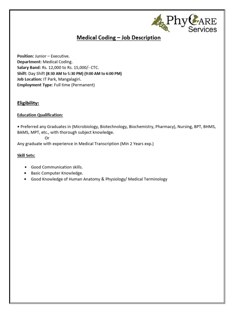 Phycare Medical Coding Job Description | PDF