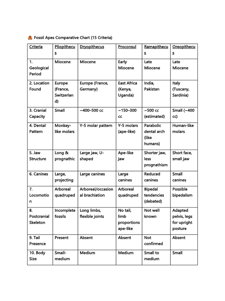 ? Fossil Apes Comparative Chart | PDF