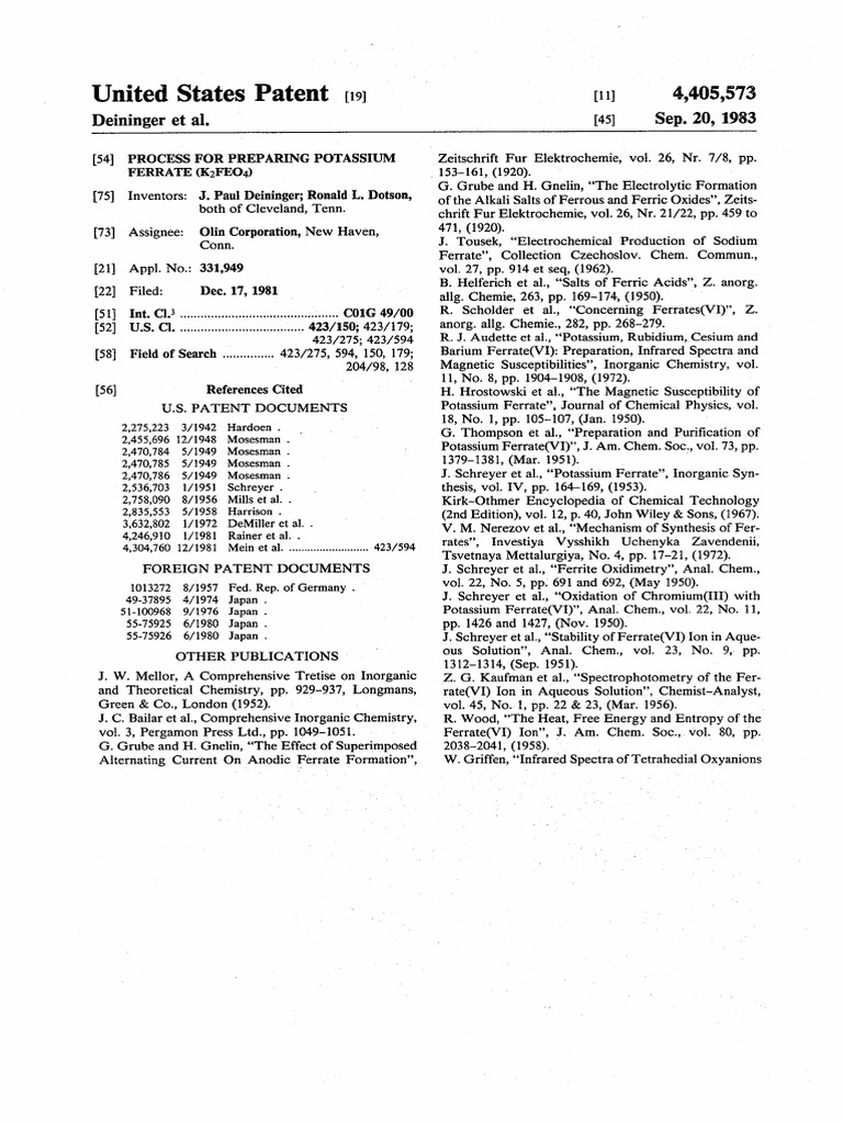 02 - Process For Preparing Potassium Ferrate US - Deininger | PDF ...